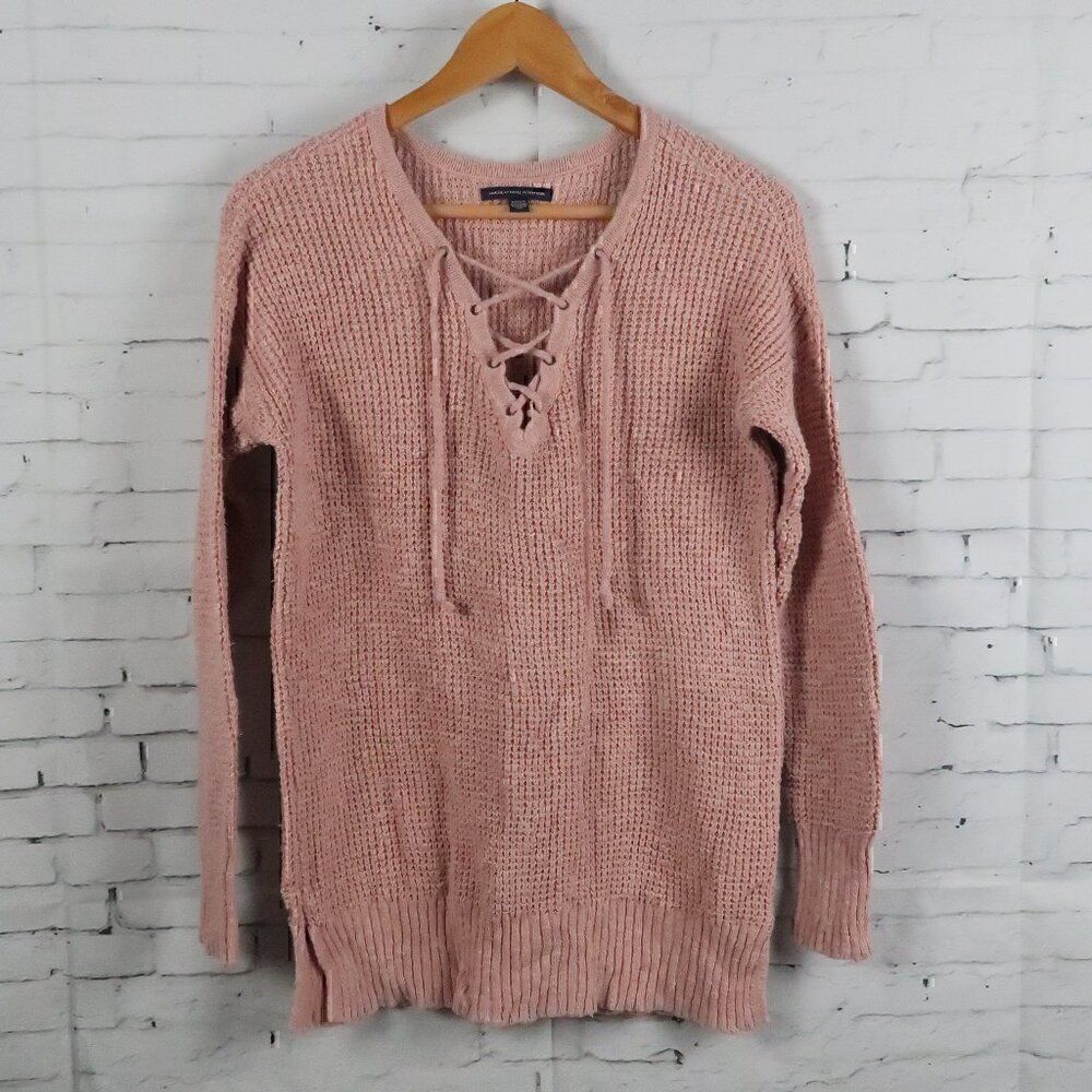 AMERICAN EAGLE OUTFITTERS DUSTY ROSE PINK LONG SLEEVE V NECK SWEATER SIZE MEDIUM